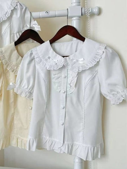 Decorations Blouse Bow with Short-Sleeve Ruffled White