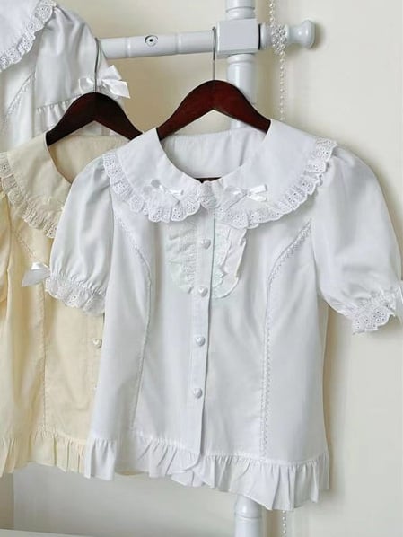 Decorations Blouse Bow with Short-Sleeve Ruffled White