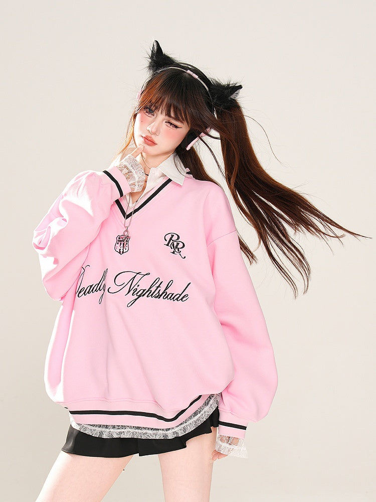 Aprikose/Pink Polokragen Buchstabenstickerei Frühlings-Sweatshirt Kunst-Zweiteiler