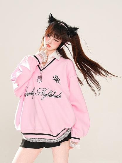 Aprikose/Pink Polokragen Buchstabenstickerei Frühlings-Sweatshirt Kunst-Zweiteiler