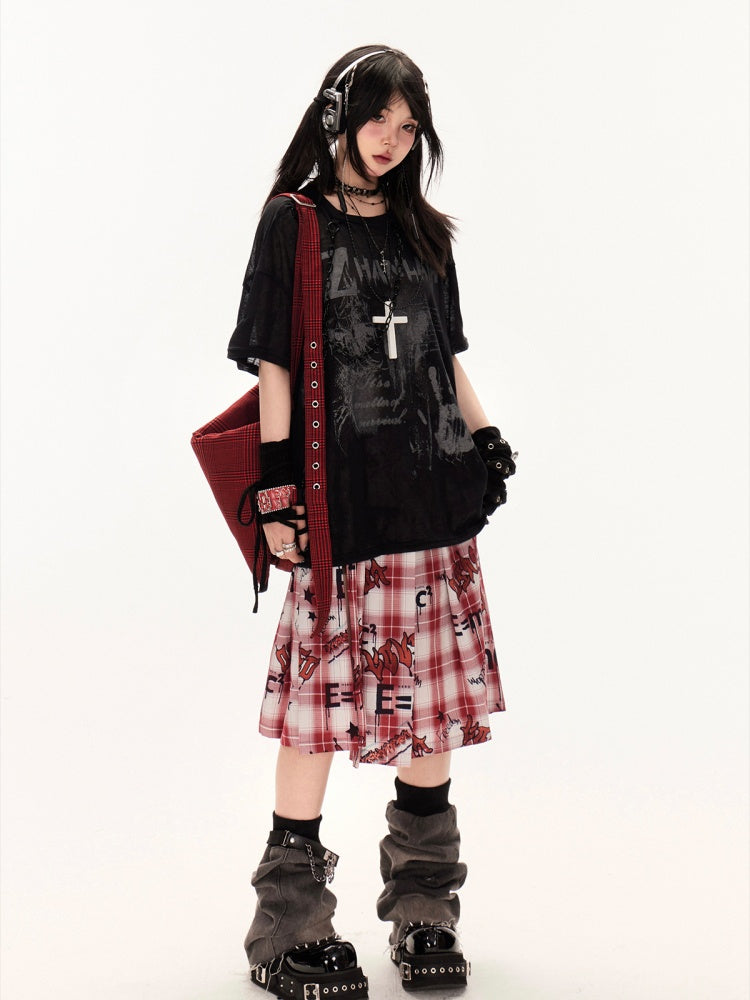 Coverup White/Black Round Neck Punk Print Semi-sheer