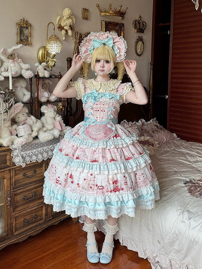 Blue Cherry Cake Print Sweet Lolita Dress with Bow Details - Strawberry Fantasy