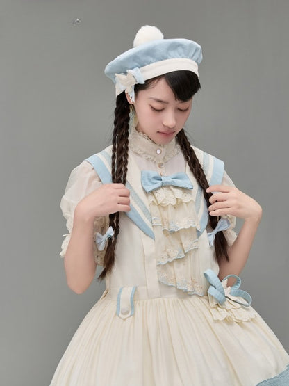 Sailor and Dove Embroidery Beret Pom-Pom Pink/Blue/Green with Fluffy White Lolita