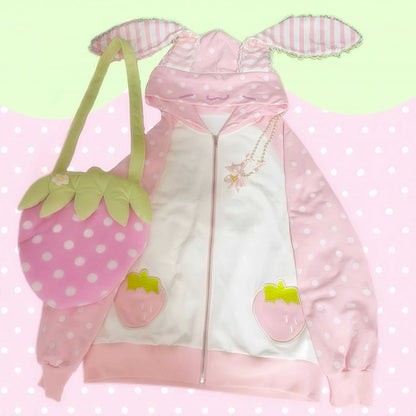 with Bunny / Dot Pink Gray Big Polka Ears Hoodie Striped