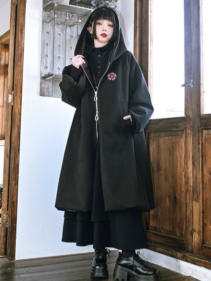 Noir fleuri - avec Imprimé Manteau Gothique à Capuche et Fermeture Éclair sur le Devant, Ourlet Bulle