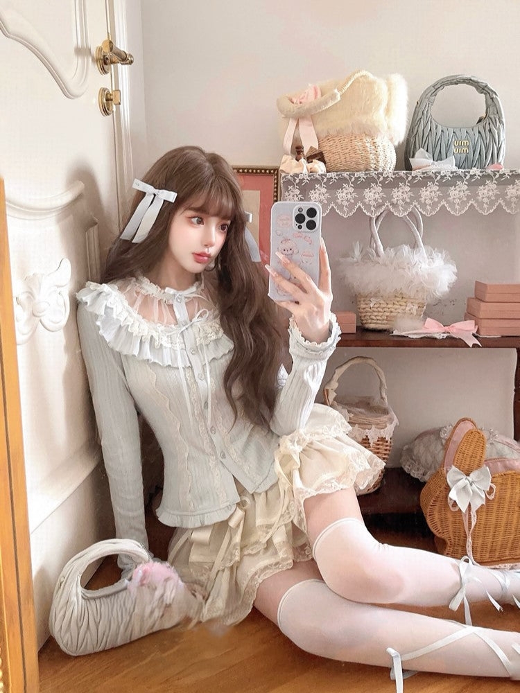 Strickcardigan Schleife Rüschen Spitze Blau Vintage