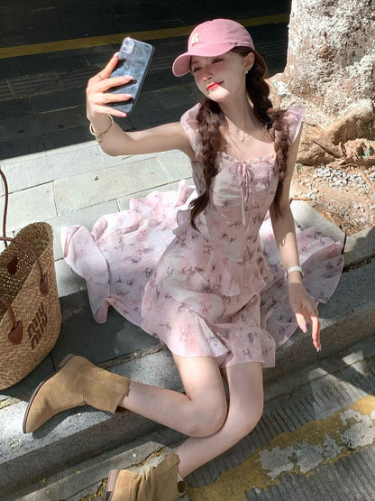 Pink Butterfly Print Dress with Asymmetrical Hem - Qchiwawameme