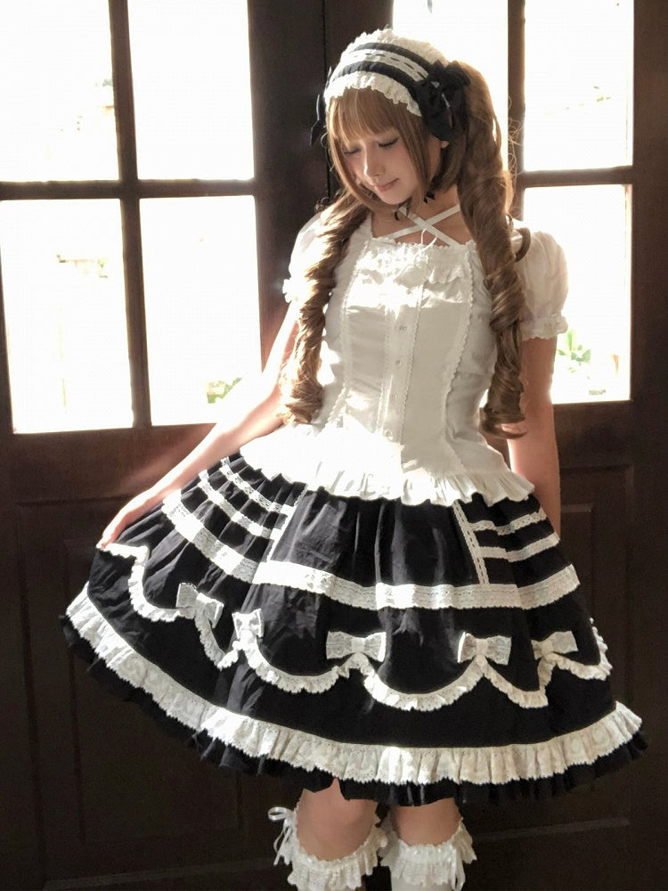 Black & White Bow Lace-Trimmed Skirt - Hana Studio