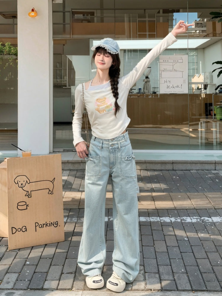 Blaue Jeans mit geradem Bein und hoher Taille und Schleife