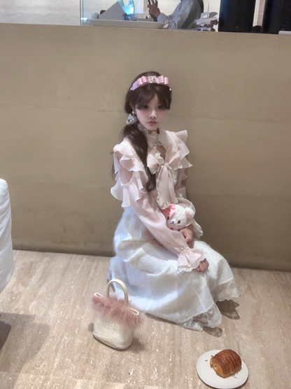 Shoulder Pink Dress and Clean Bow with Jirai Cutout Neckline Flutter Innocent Big Maxi Kei