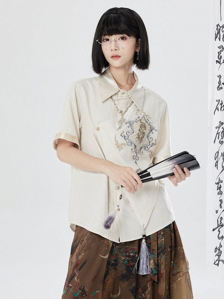 White Gold Thread Dragon Shirt - Qing Tang Original