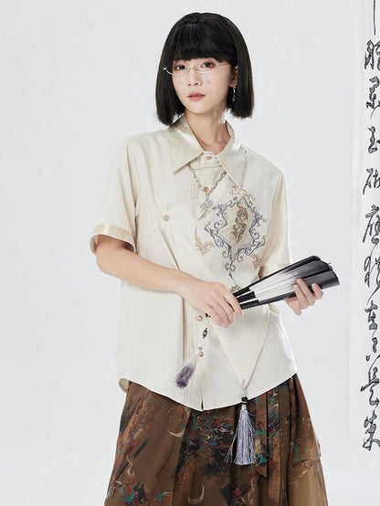 White Gold Thread Dragon Shirt - Qing Tang Original