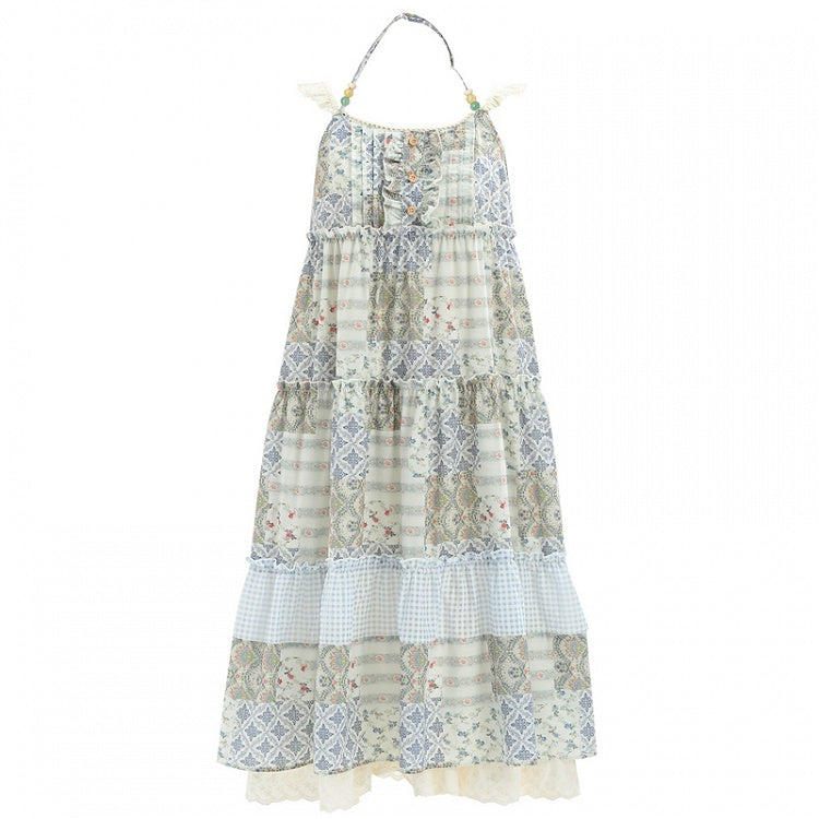 Mori Kei Green Halter Neck Patchwork Design Floral Dress