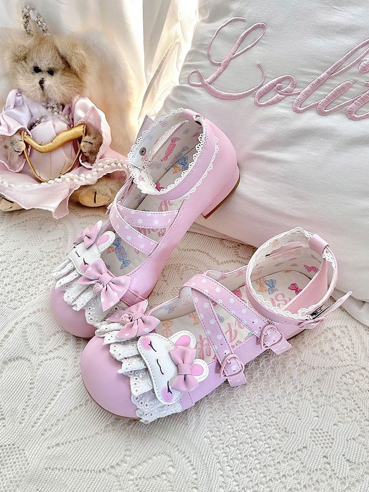 Lolita-Schuhe mit Tupfen-Design, rosa Hasen-Applikation, Schleifenmuster, Spitzenbesatz, süßen, kreuz und quer verlaufenden Details