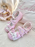 Lolita-Schuhe mit Tupfen-Design, rosa Hasen-Applikation, Schleifenmuster, Spitzenbesatz, süßen, kreuz und quer verlaufenden Details