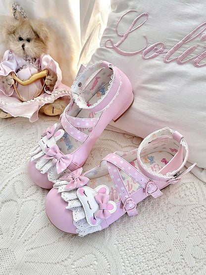 Lolita Polka-dot Design Pink Bunny Applique Bowknot Pattern Lace Trim Sweet Crisscross Details Shoes
