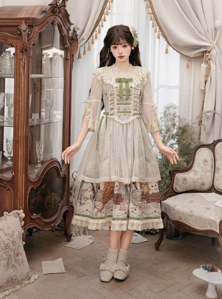 Green Cat Print Lace Ruffles Sweet Lolita JSK Dress with Drawstring Overlay - NyaNya