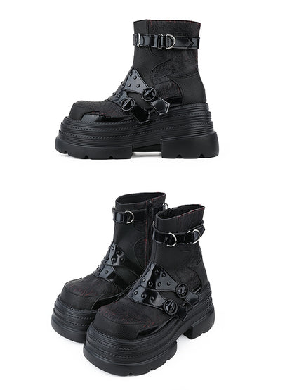 Chunky Fashion Red Details in Black Square Gothic Highlights Boots with Buckle Toe