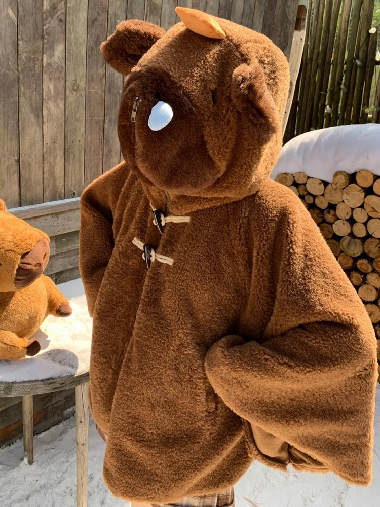 茶色のかわいいカピバラのフード付きジップ開閉フリースフード付きケープ