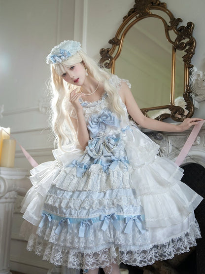 Schleifen und Rock Dekoration Kleid Vollstufiges Set Hanayome Blau Weiß Lolita JSK Hime