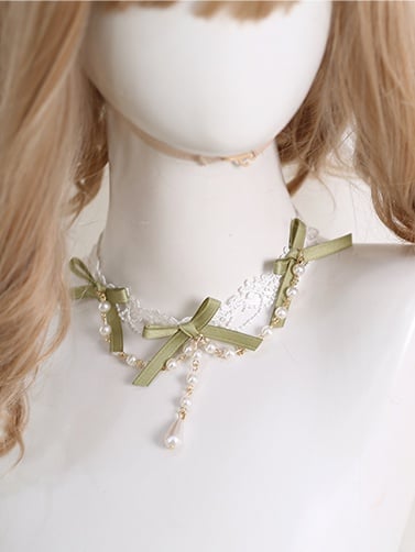 Kette Kei Bowknot Mori Grün Perlen Weiß Mit Sanfter Spitze Choker Lolita