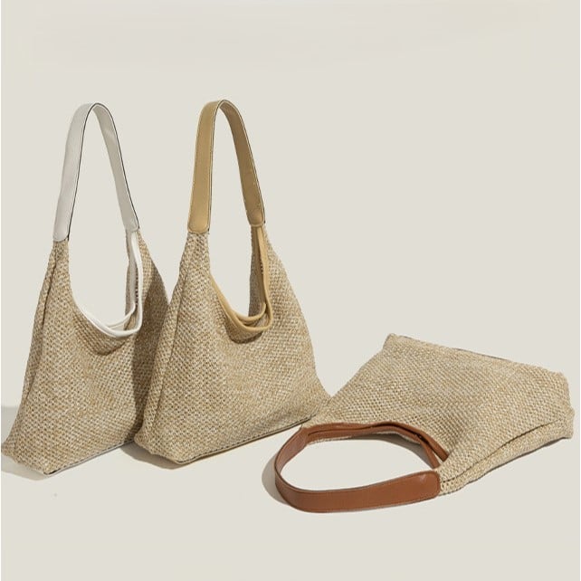 PU Strap with Shoulder Brown/White Straw Bags Woven Bag Nested