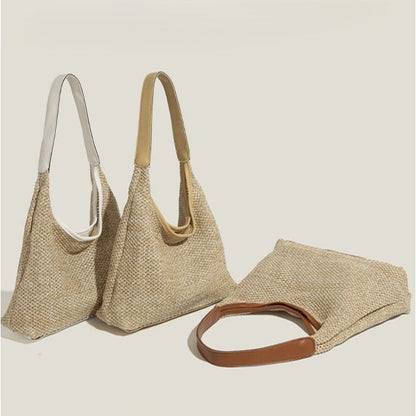PU Strap with Shoulder Brown/White Straw Bags Woven Bag Nested