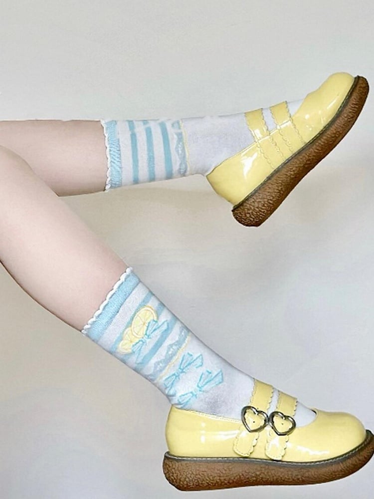 Blaue Rüschensocken Bowknot Print Lolita Lemon Trims Kalb süß