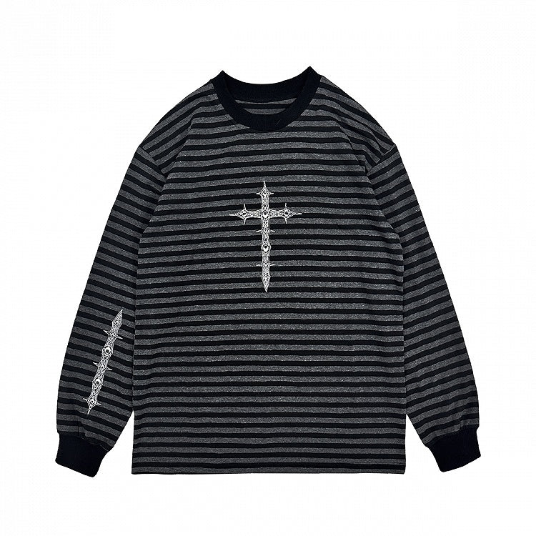 Sweatshirt with Gothic Black Print Gray Striped Cross