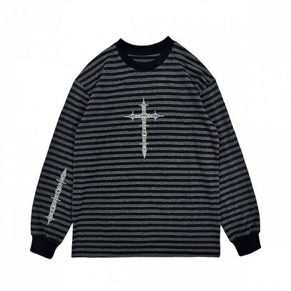 Sweatshirt with Gothic Black Print Gray Striped Cross