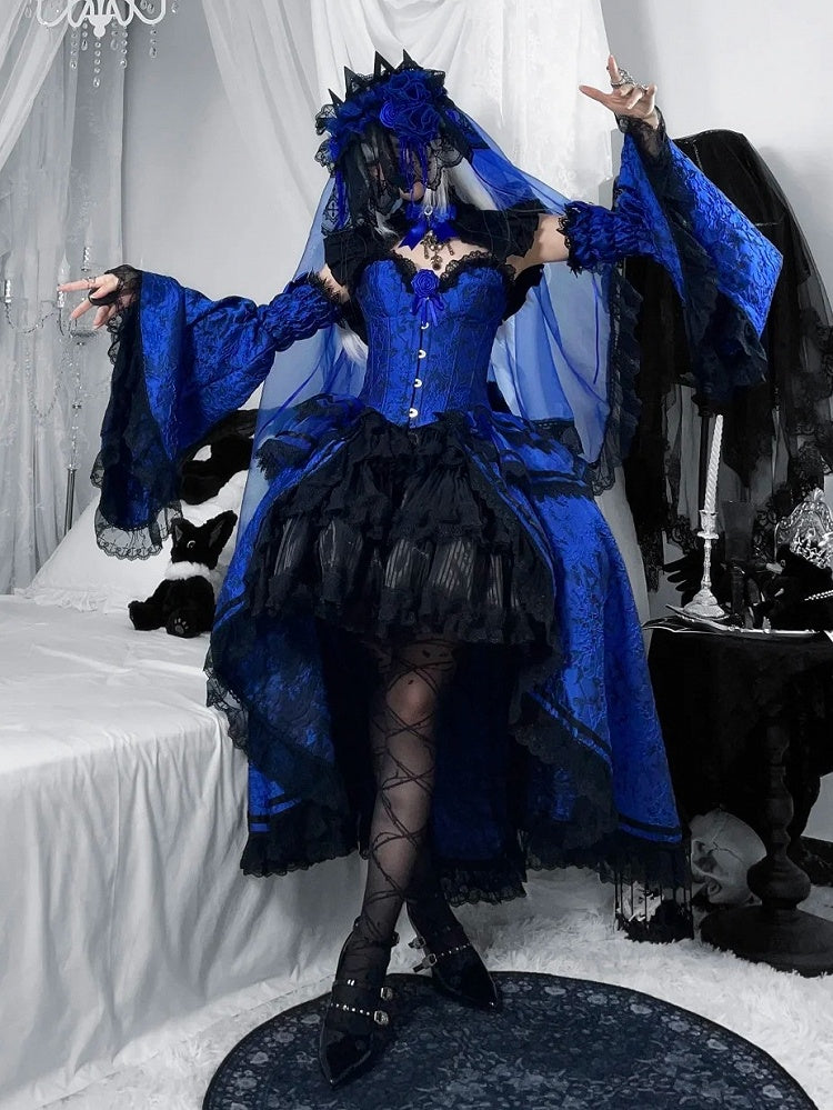Klein Blue Black Gothic Corset Ensemble Skirt Collar Bell Sleeves - Somnium Isle