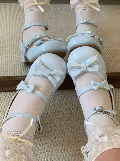 PU Blue Lolita Mary Sweet Janes Bow Accents Low-heel/Mid-heel