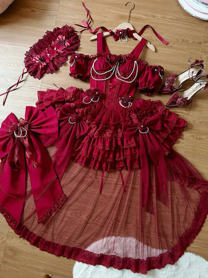 ウエストフラワーバスク裾フェアリースカートドレスジャンパーティアードレッドロリータ花嫁