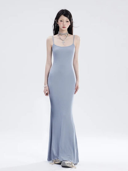 Glamouröses Spaghettiträgerkleid mit Rock im Boden, Schwarz/Rot/Blau, Länge Meerjungfrau