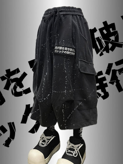デザインパンツ ブラック アシンメトリー カーゴ パンク ウェイストランド プリント ワイドレッグ