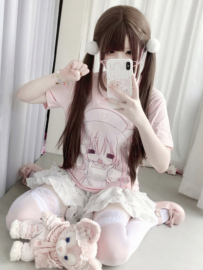 Ear Pink with Cat Pattern Neck Nurse Cotton Crew T-shirt