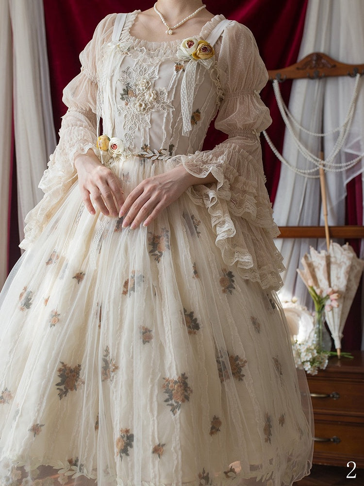 Apricot Floral Embroidered Lace Elegant Classic Lolita JSK Dress With Overlay