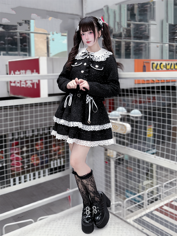 White Kei Skirt Lace-Up Black with Tweed Jirai Trim Lace Detail Tiered