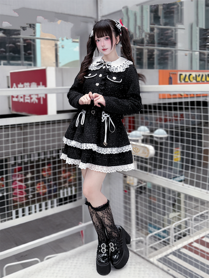 Jirai Jacket with Crop Kei Bow Heart and Accents Tweed Black Buttons