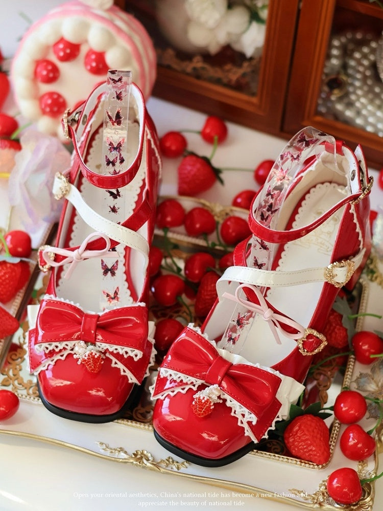 Crisscross Bow Janes Design Charm Square Sweet Toe Red Strawberry - Snap Mary Lolita with Top Heart