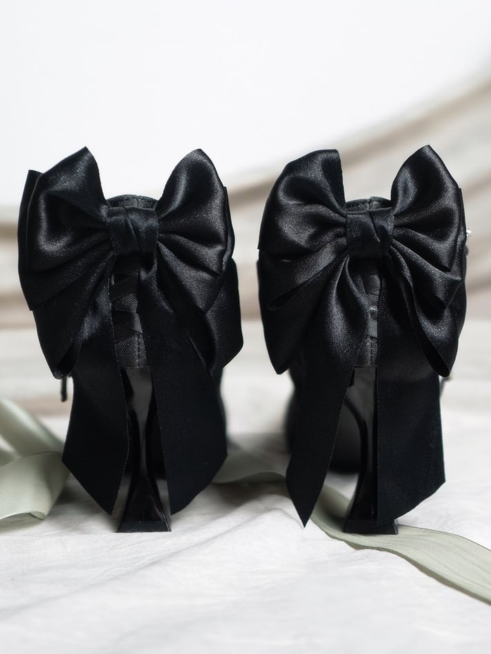 Elegant Bow Upper Glittered Back and Crystal Straps - Lolita with Stilettos Crisscross Pointed Toe Black