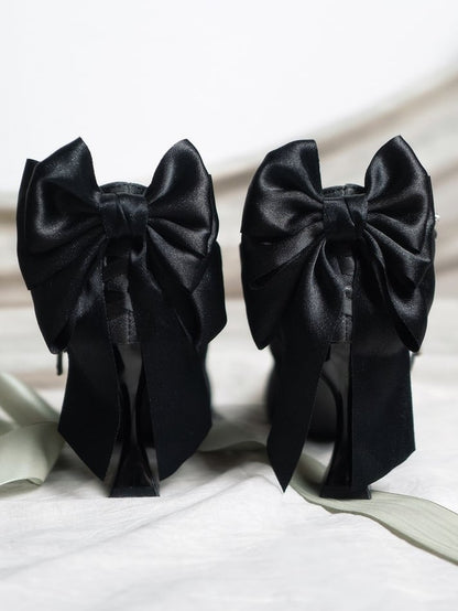 Elegant Bow Upper Glittered Back and Crystal Straps - Lolita with Stilettos Crisscross Pointed Toe Black