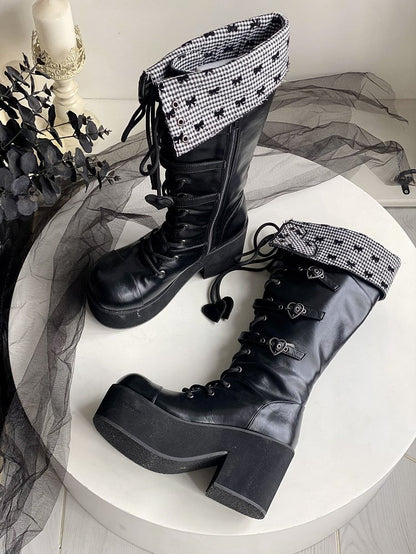 Heel Fold-over Cuff Block Black Platform Boots