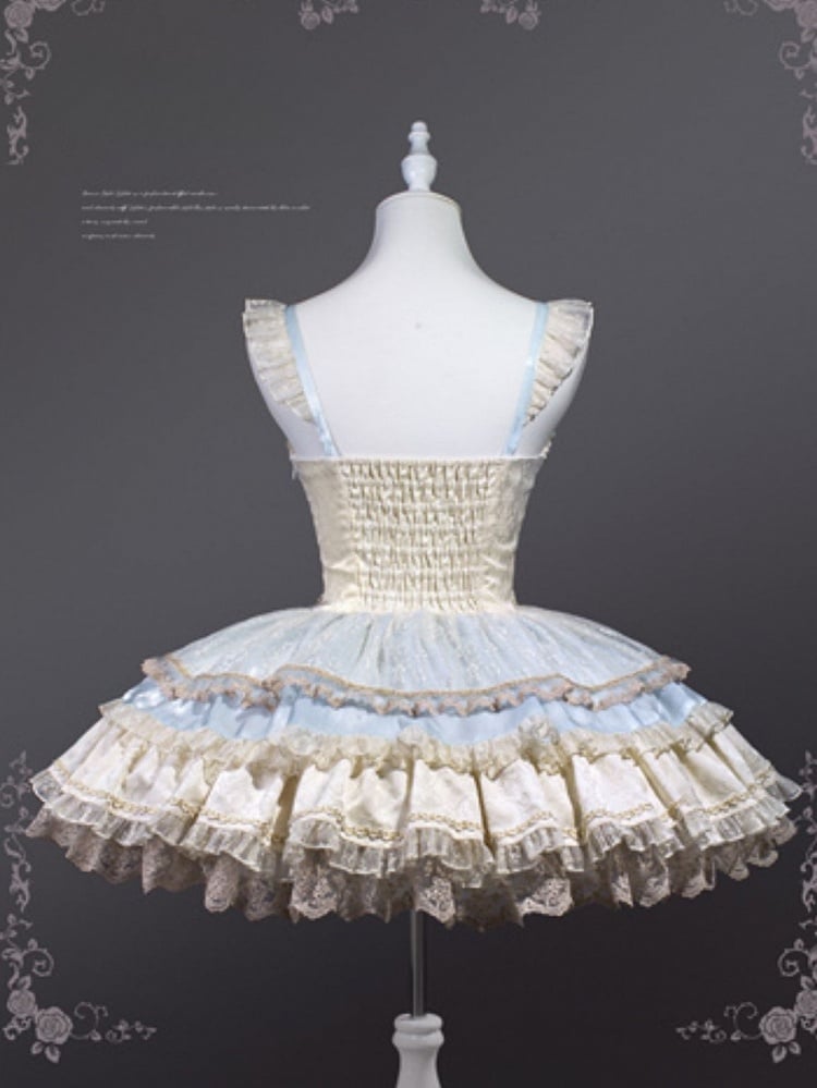 JSK Details Tiered Sweetheart Neckline Lolita Dress Skirt Bowknot Blue Sweet Beige