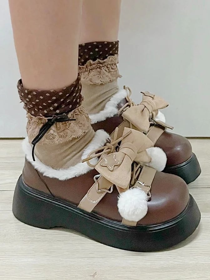PU Schuhe Braun Abnehmbare Winter Star Lolita Akzent Süße Schleife Plattform Details Leder