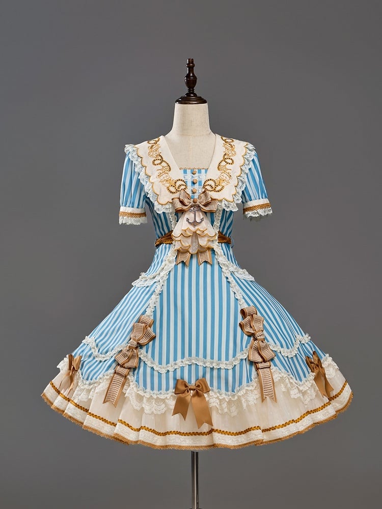 Sailor Bear Theme Striped Dress with Bow Embroidery - Twin Bear Original Design