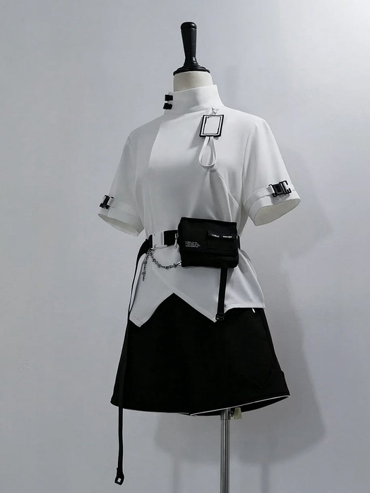 Futuristic Fashion Buckle Collar Techwear White Sleeves Short High Ouji Top