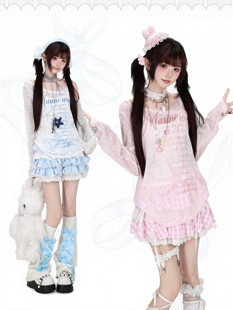 Sweet White Asymmetric Shoulder Lightweight Long Sleeve Top with Starfish & Letter Print - CRAZY GIRL