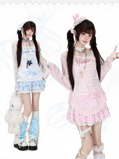 Sweet White Asymmetric Shoulder Lightweight Long Sleeve Top with Starfish & Letter Print - CRAZY GIRL
