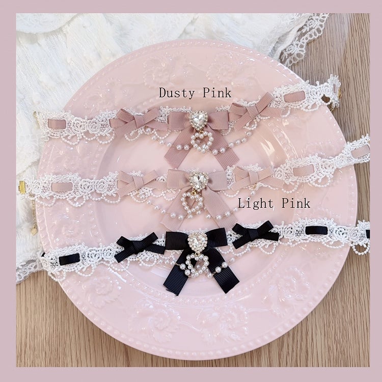 Heart Lolita Choker 9 Rhinestone Kei Chain Colors Bow | Jirai Bead
